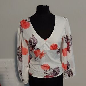 CBR Floral V-Neck Blouse - White and Orange
